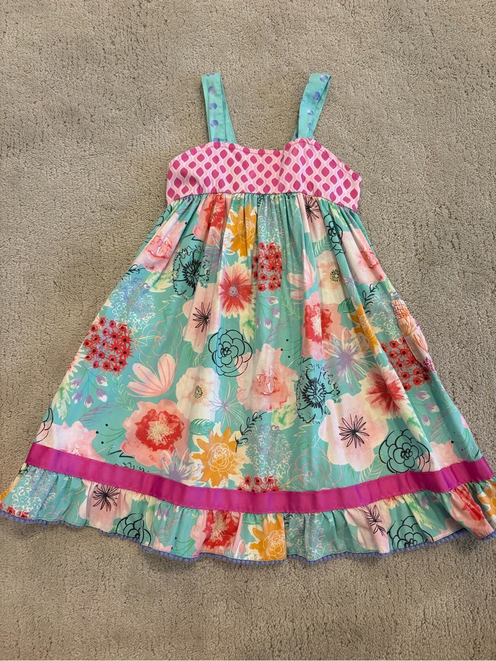 Matilda Jane Girls Floral Sundress Pink Green Size 6 with pockets